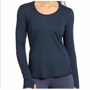 Athleta Womens Navy Dot Mesh Blue Chi Top Long Sleeve Shirt L Large Scoo…